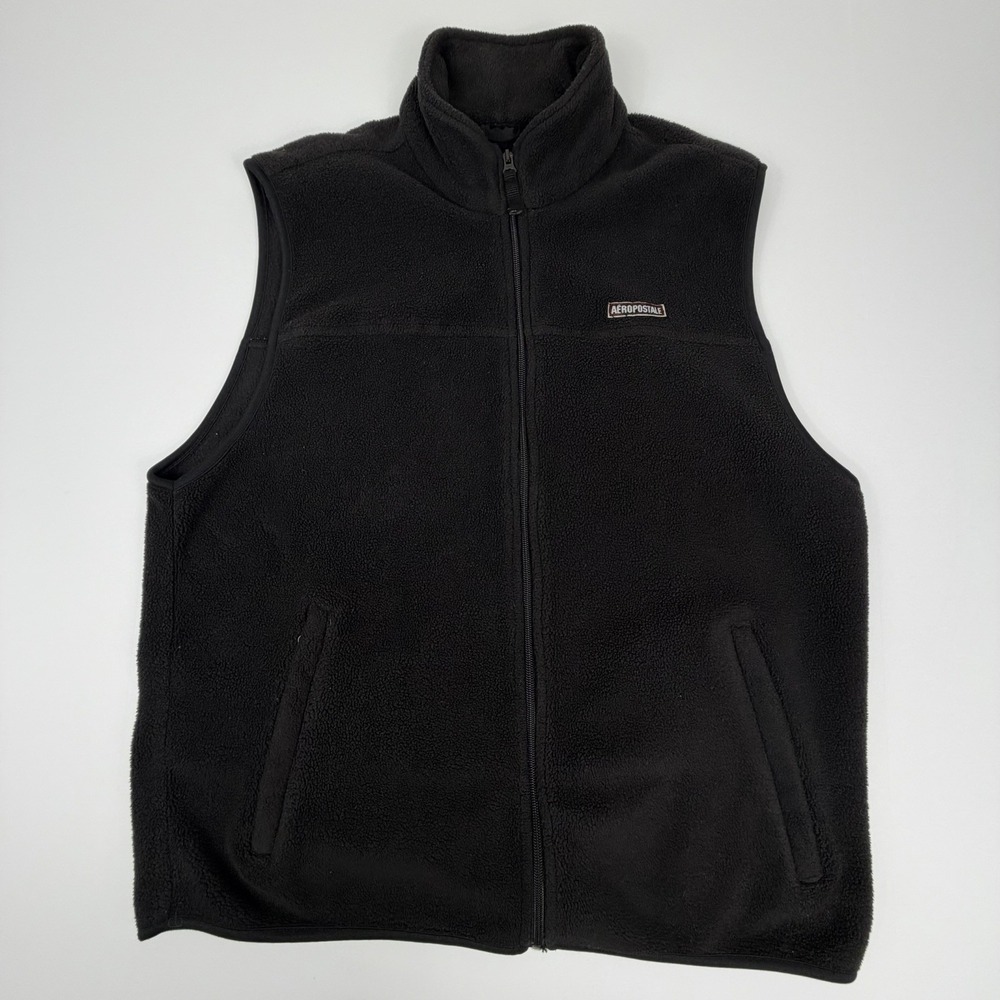 Aeropostale Vintage Fleece Vest Men's Large Black Full Zip Sleeveless Jacket
